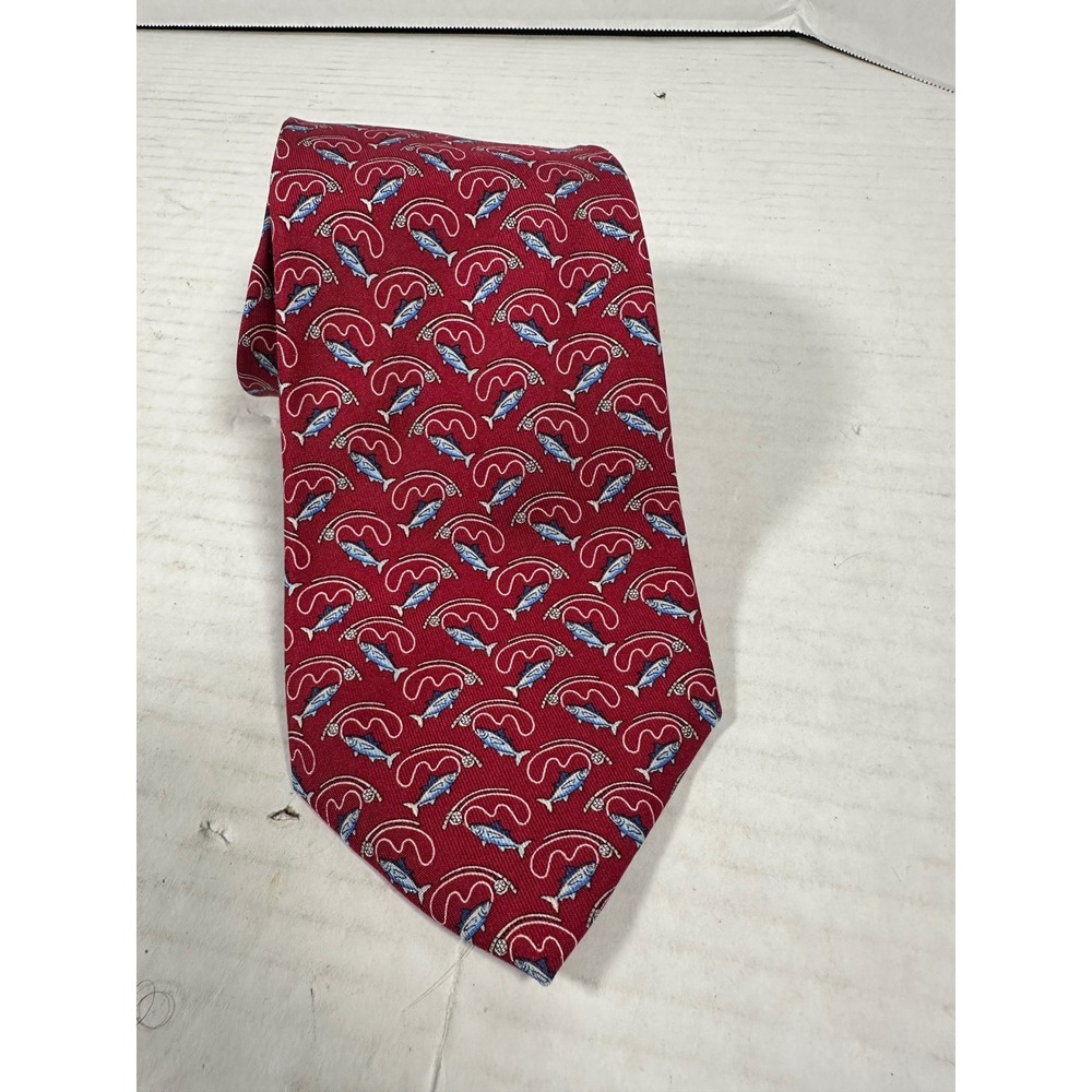 Vineyard Vines Mens Red Silk Fish Fishing Rod Print Classic Necktie Made in USA